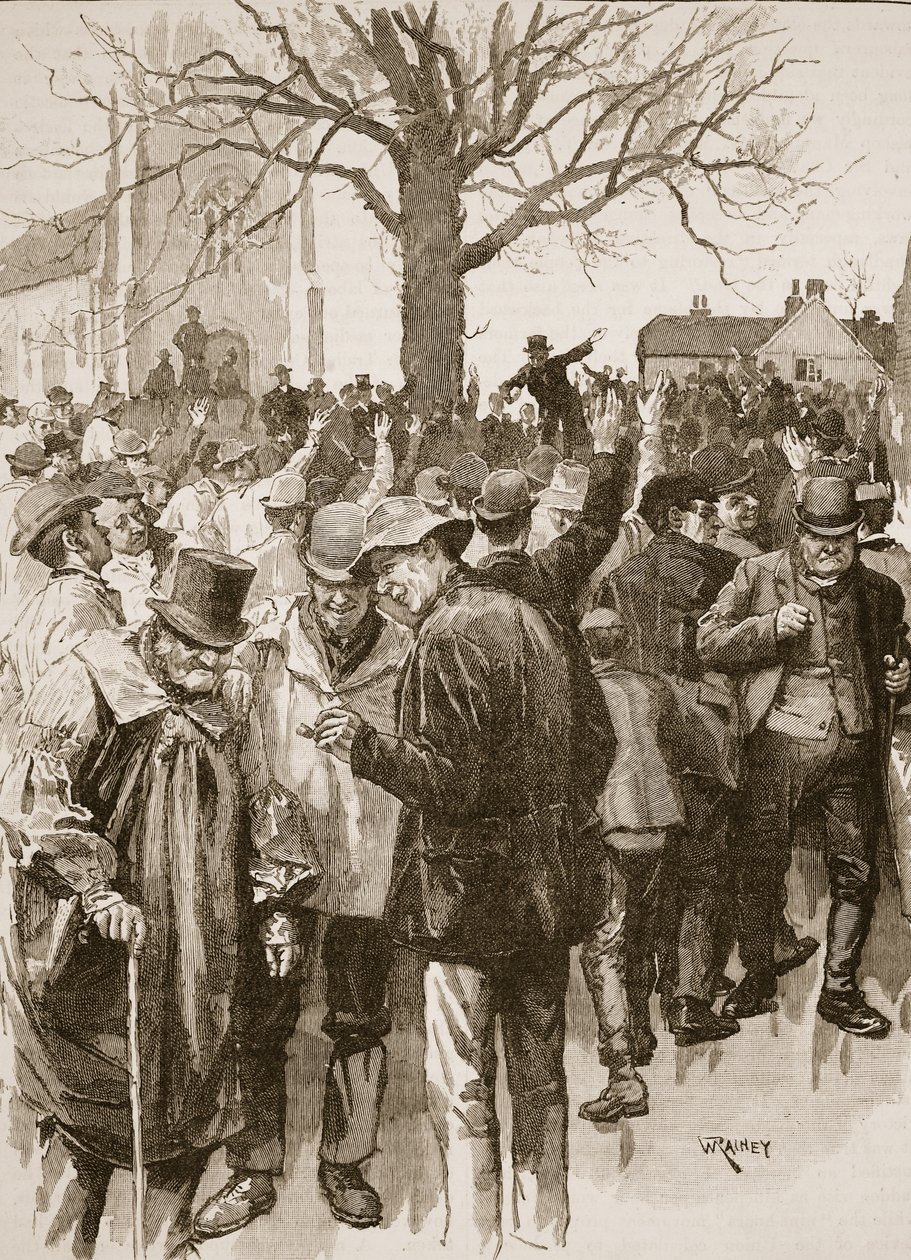 Streik der Landarbeiter in Warwickshire: Versammlung in Whitnash von William (after) Rainey