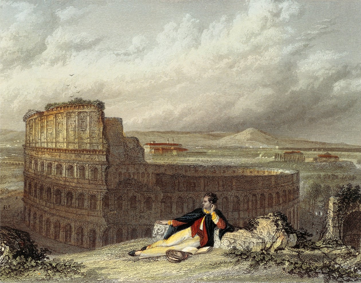 Lord Byron betrachtet das Kolosseum (farbige Gravur) von William (after) Westall