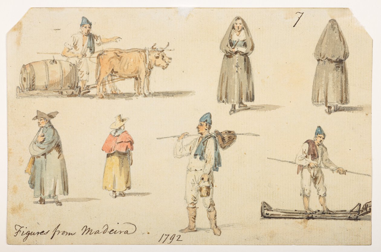 Figuren aus Madeira, 1792, aus einem Album von 372 Zeichnungen von Landschaften, Küstenlinien, Kostümen und Alltagsleben während der Lord Macartney-Botschaft an den Kaiser von China, zwischen 1792 und 1794 von William Alexander