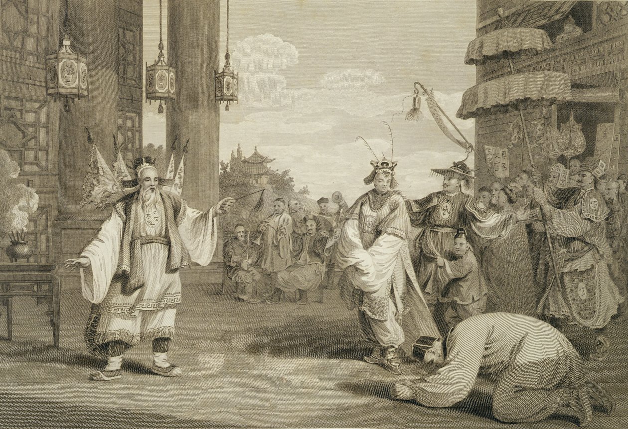 Eine Szene in einem historischen Stück auf der chinesischen Bühne, graviert von James Heath, veröffentlicht von G. Nicol, 1796 von William Alexander