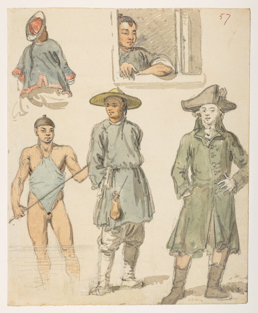 Studien von Chinesen, aus einem Album von 372 Zeichnungen von Landschaften, Küstenlinien, Kostümen und Alltagsleben während der Botschaft von Lord Macartney an den Kaiser von China, zwischen 1792 und 1794 von William Alexander