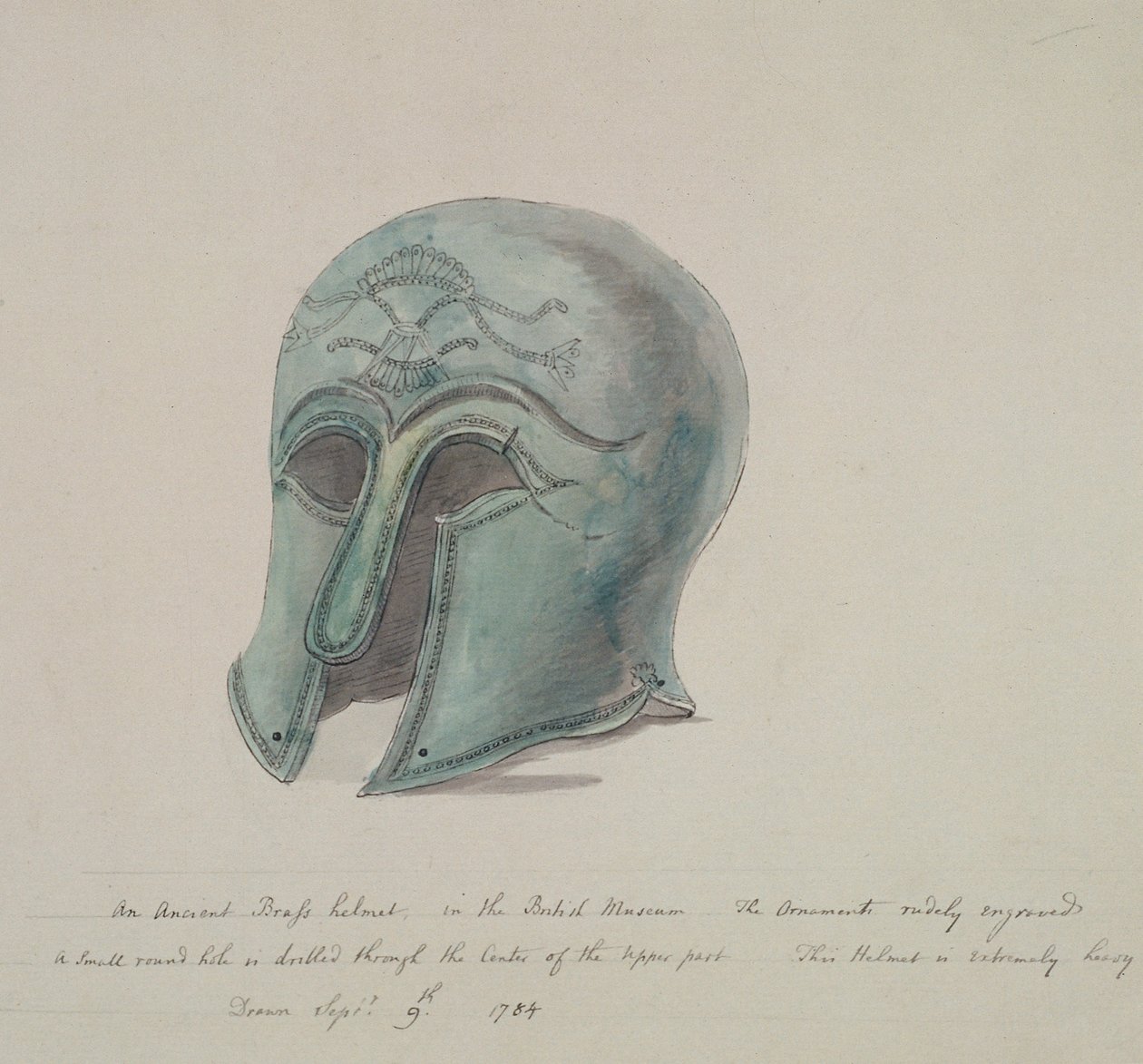 Antiker Messinghelm aus dem British Museum, Holborn, London, 1784 von William Angus