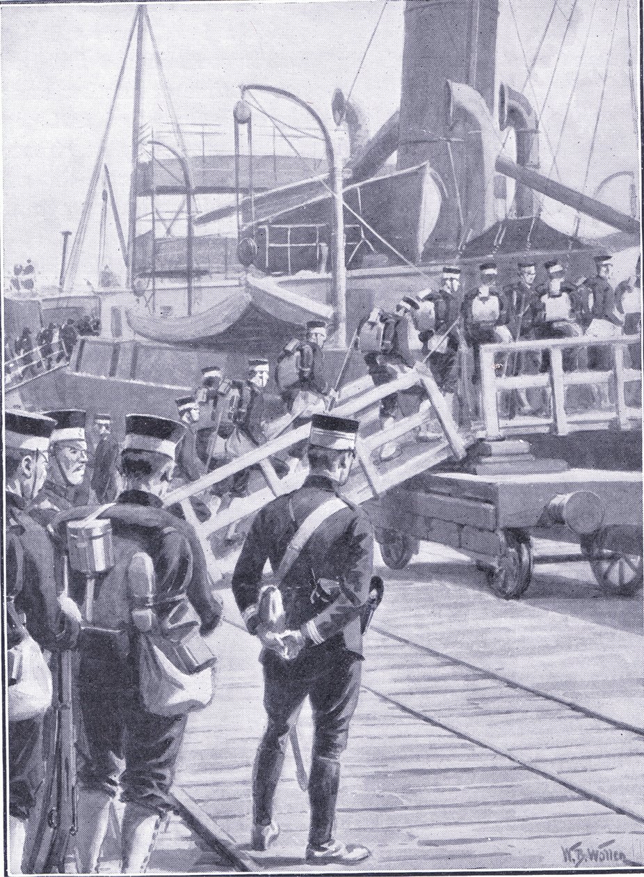 Japanische Truppen gehen in Kobe an Bord, Illustration aus Cassells Geschichte des Russisch-Japanischen Krieges Band 1, ca. 1900 von William Barnes Wollen