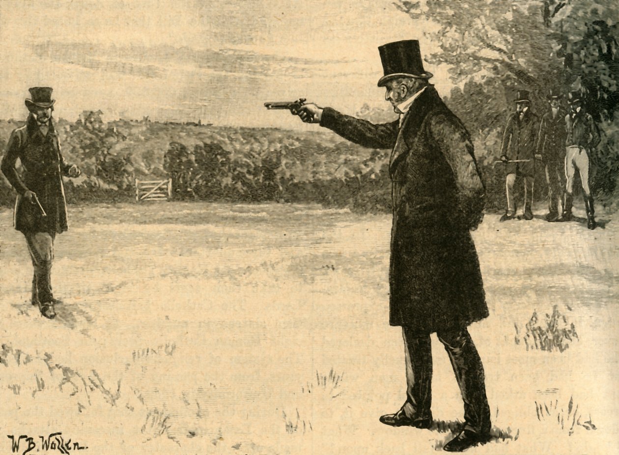 Das Duell des Herzogs von Wellington mit dem Earl von Winchilsea, Battersea Fields, London, 1829 von William Barnes Wollen