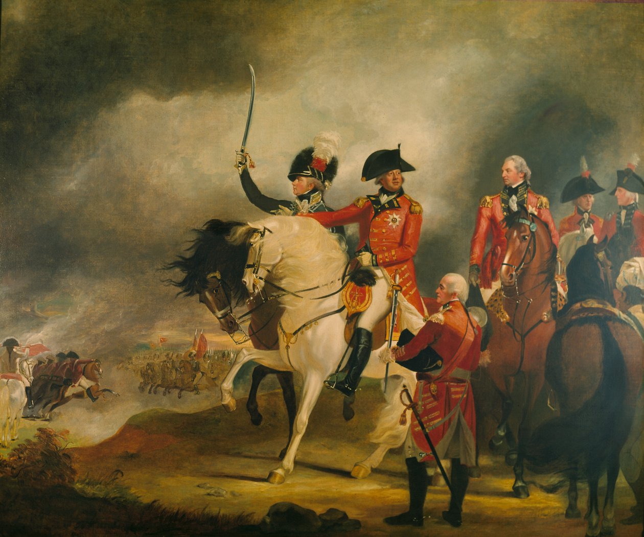 König Georg III. bei der Inspektion des Regiments der leichten Dragoner des Prinzen von Wales, begleitet vom Prinzen von Wales, dem Herzog von York und anderen Generalstabsoffizieren von William Beechey