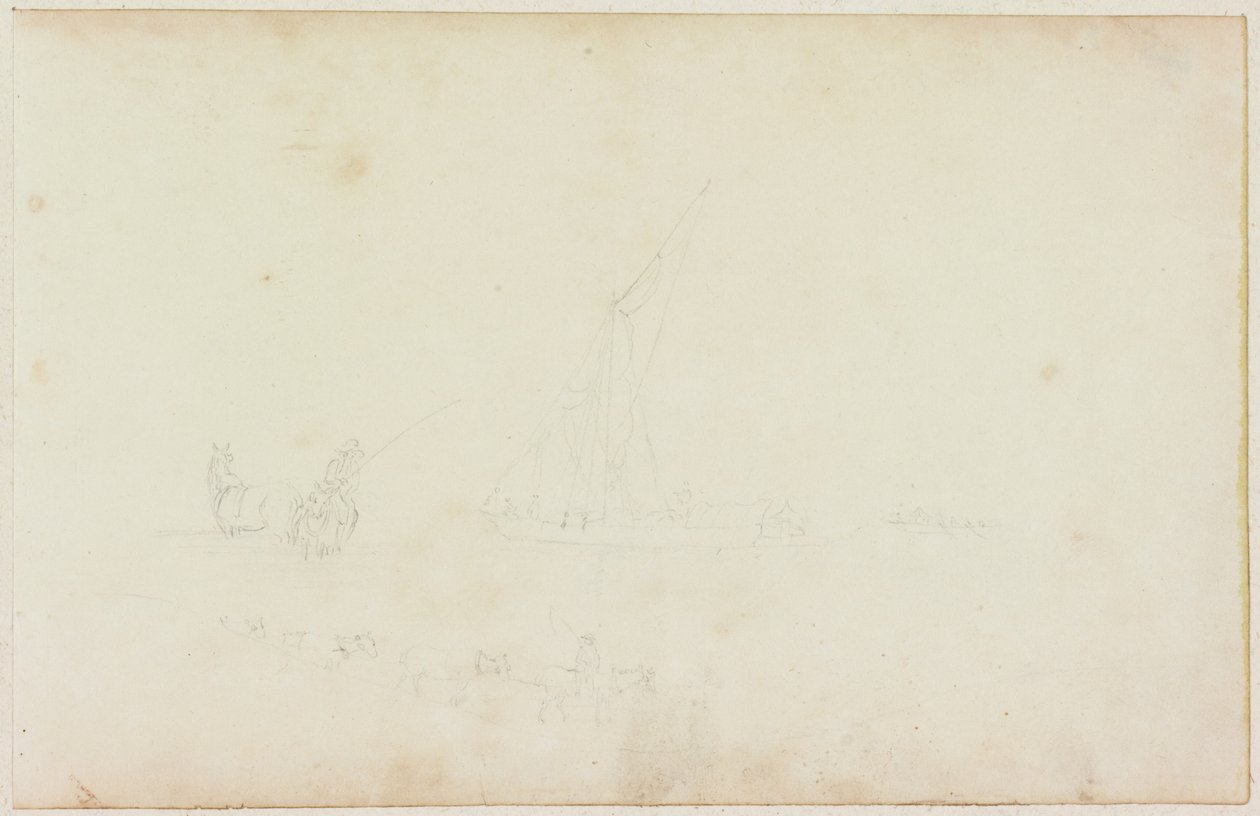 Skizze eines Ruderbootes und Reiters mit Pferdelinie von William Beilby
