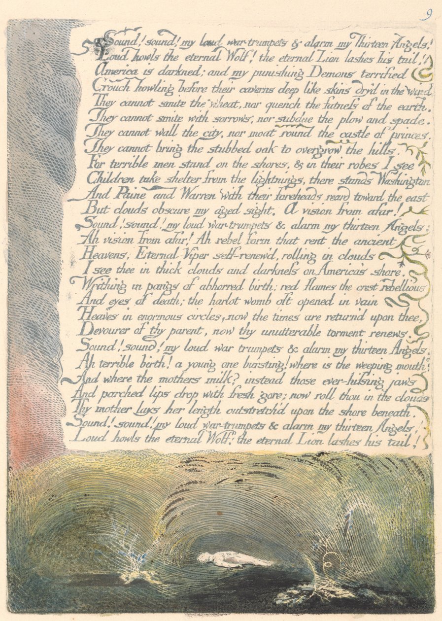 Amerika. Eine Prophezeiung, Tafel 11, Klang! Klang! Meine lauten Kriegstrompeten.... von William Blake