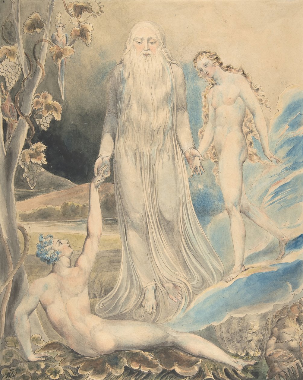 Engel der göttlichen Gegenwart bringt Eva zu Adam Die Erschaffung Evas..., recto..., 1803 von William Blake
