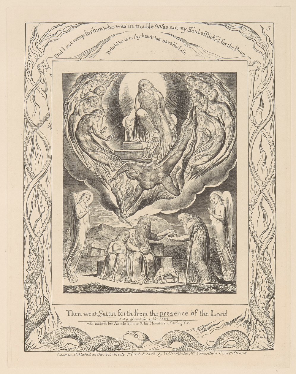 Buch Hiob, Platte 5, Satan geht aus der Gegenwart des Herrn und Hiobs Barmherzigkeit von William Blake
