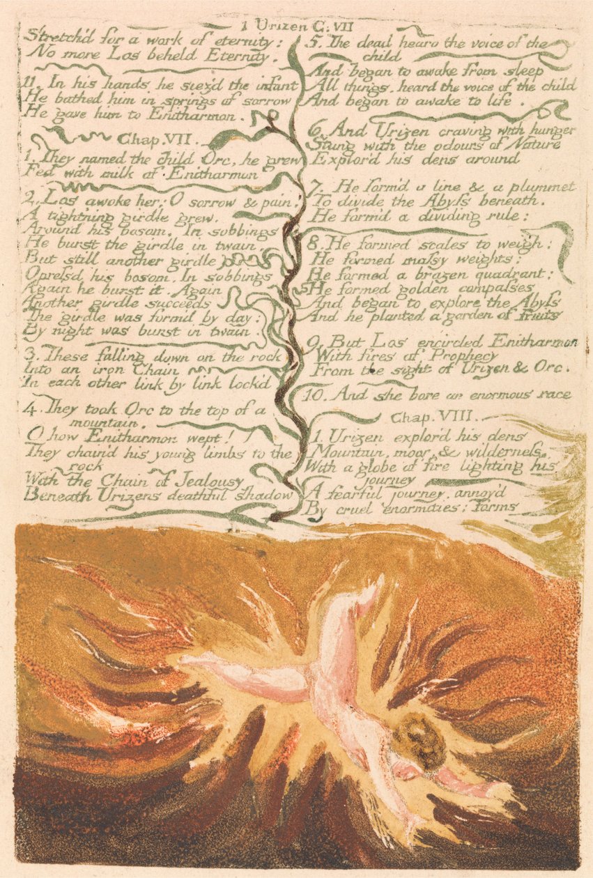 Das erste Buch Urizen, Tafel 19, "Gestreckt für ein Werk der Ewigkeit . . . ." (Bentley 20) von William Blake
