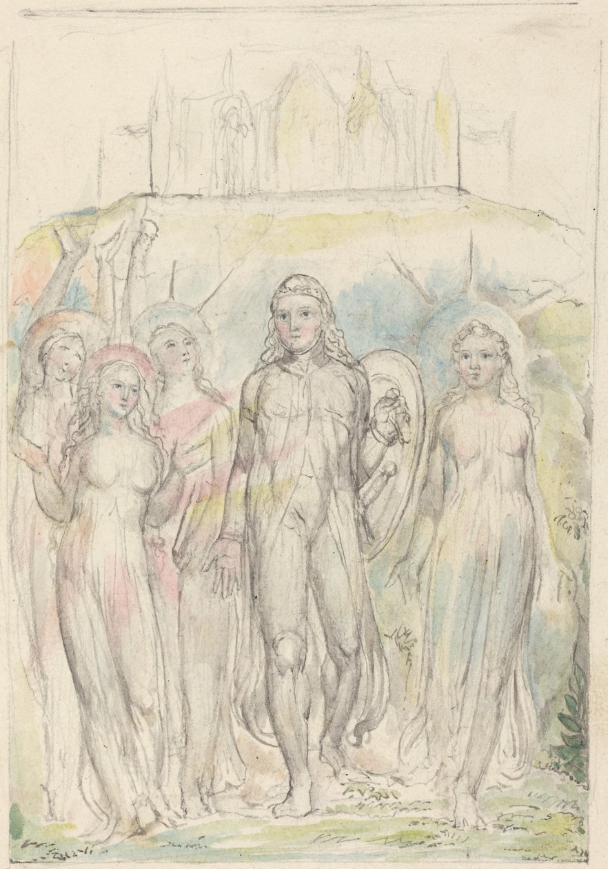 Christian mit dem Schild des Glaubens nimmt Abschied von seinen Gefährten von William Blake