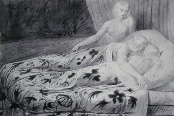 Har und Heva schlafend mit Mnetha, die sie bewacht, Illustration aus 