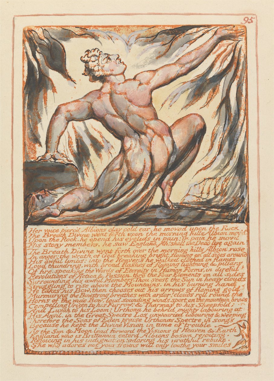 „Ihre Stimme durchdrang Albions lehmkaltes Ohr...“ (Tafel 95) von William Blake