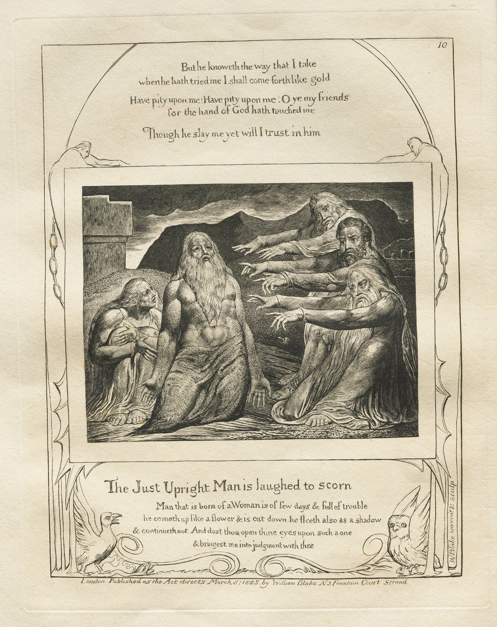 Das Buch Hiob: Pl. 10, Der gerechte aufrechte Mann wird verspottet von William Blake