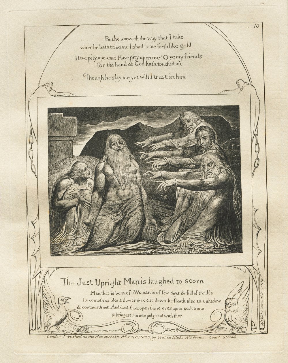 Das Buch Hiob: Pl. 10, Der gerechte aufrechte Mann wird verspottet von William Blake