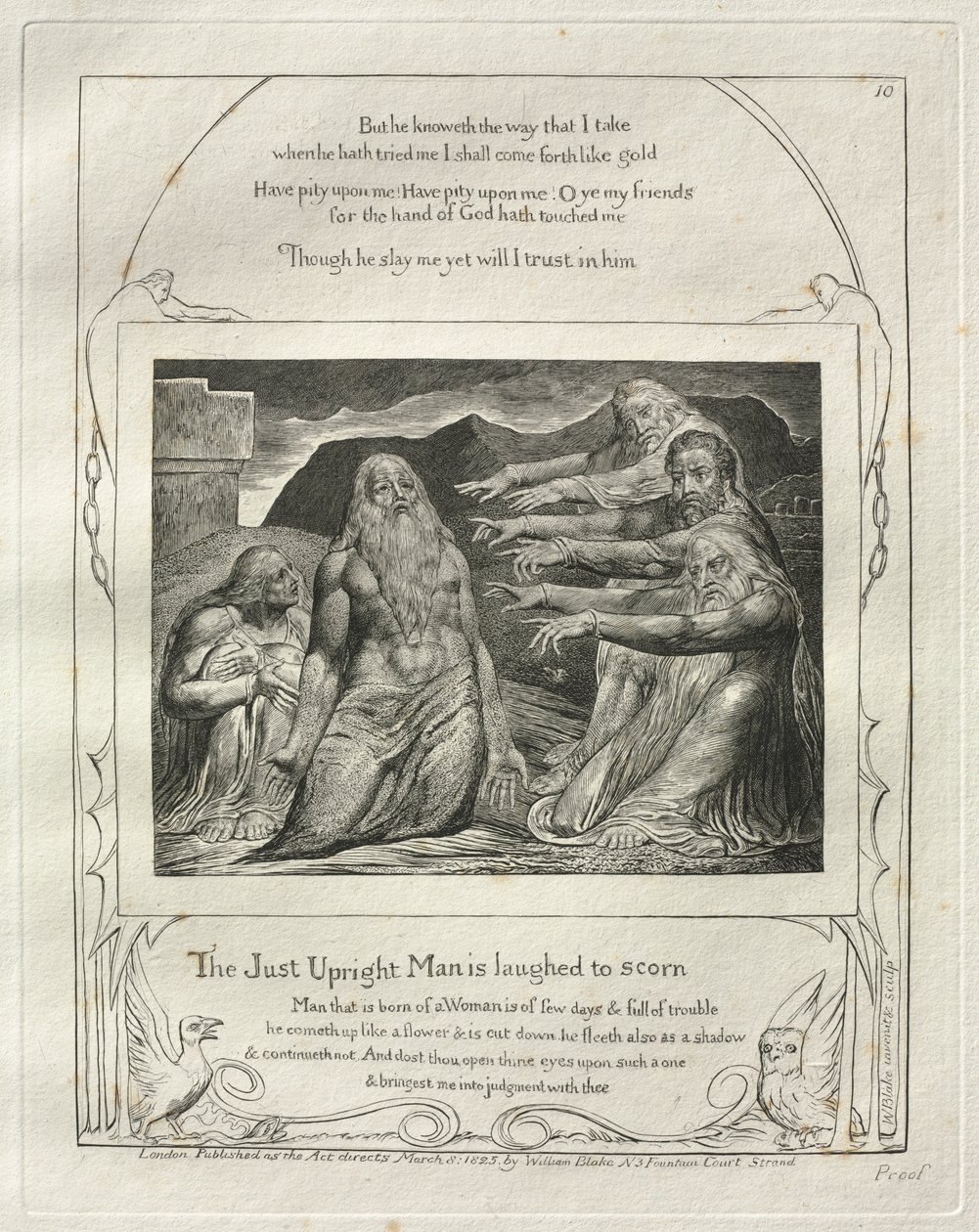 Das Buch Hiob: Tafel 10, Der gerechte aufrechte Mann wird verspottet, 1825 von William Blake