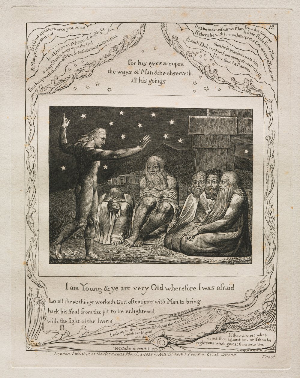Das Buch Hiob: Pl. 12, Ich bin jung und ihr seid sehr alt, deshalb hatte ich Angst, 1825 von William Blake