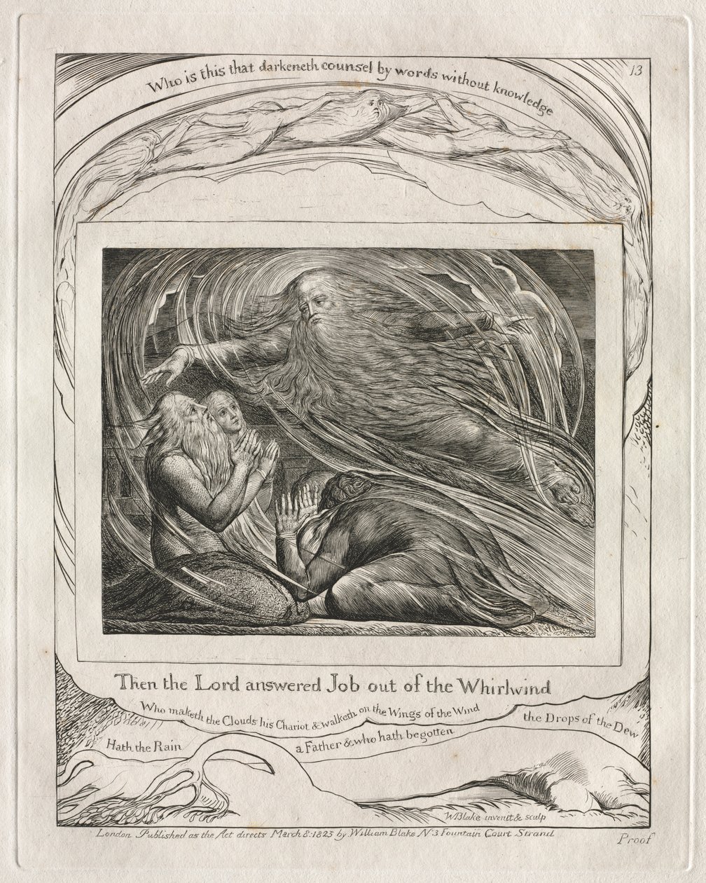 Das Buch Hiob: Pl. 13, Dann antwortete der Herr Hiob aus dem Wirbelsturm, 1825 von William Blake