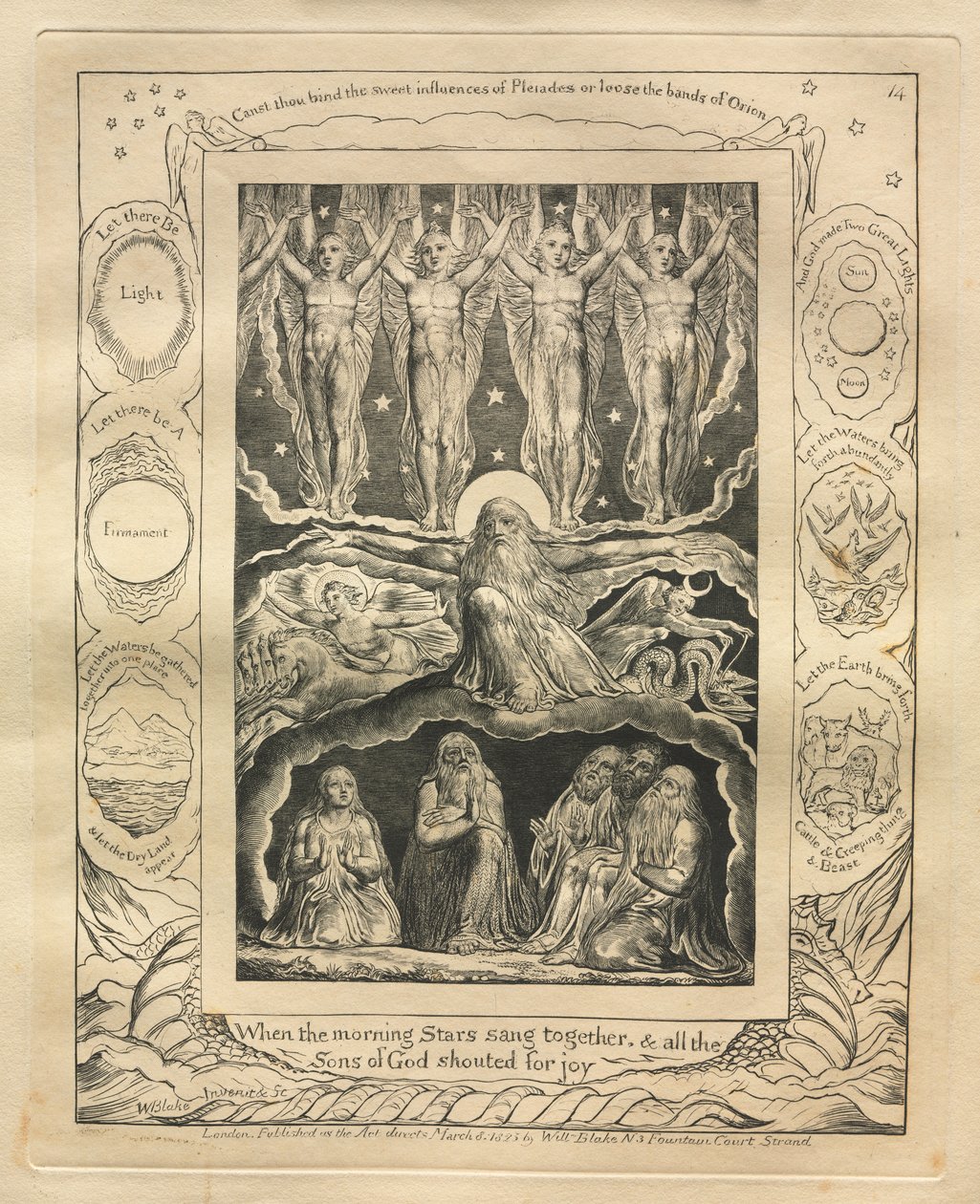 Das Buch Hiob: Pl. 14, Als die Morgensterne zusammen sangen und alle Söhne Gottes vor Freude jubelten von William Blake
