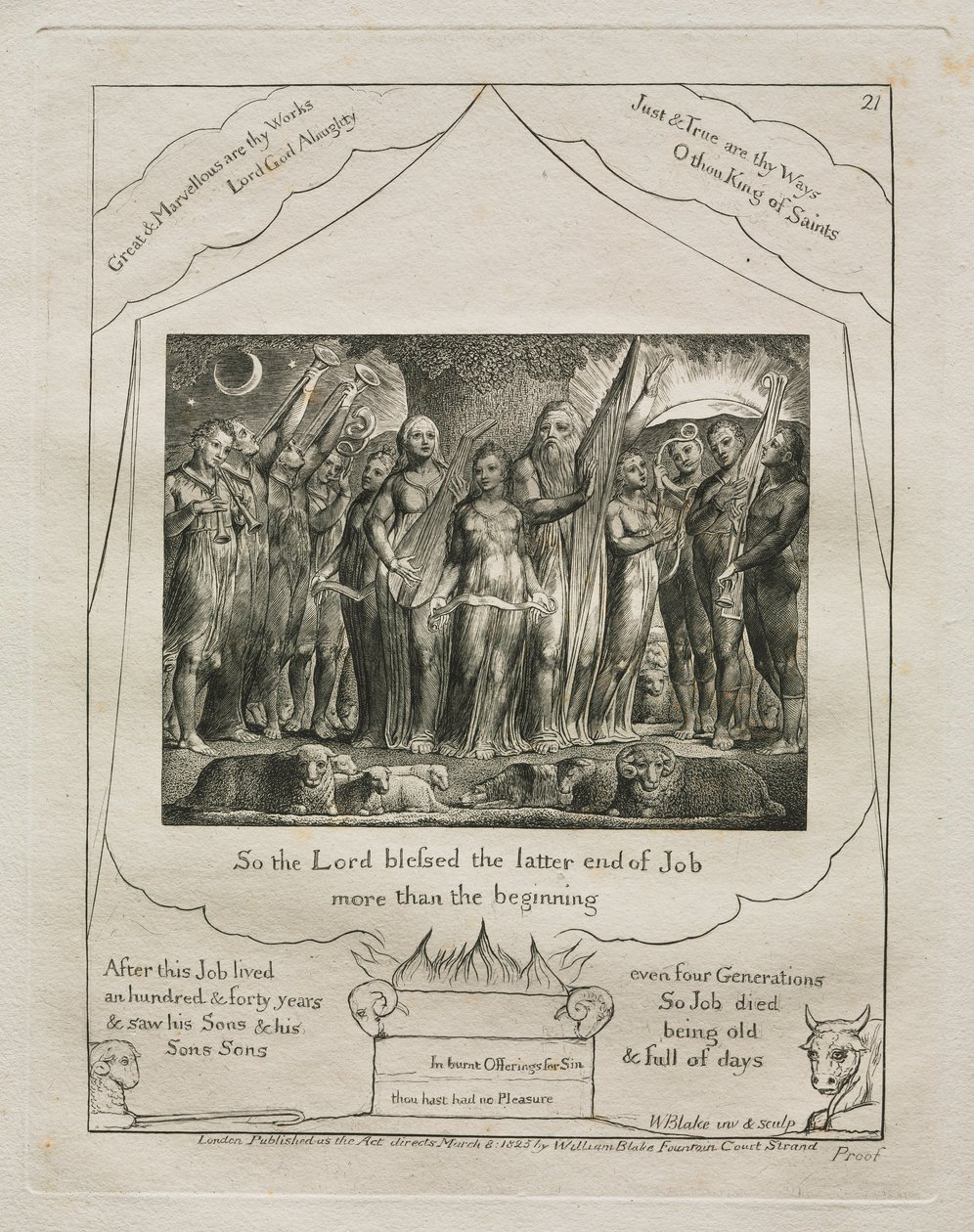 Das Buch Hiob: Pl. 21, So segnete der Herr das Ende Hiobs mehr als das, 1825 von William Blake