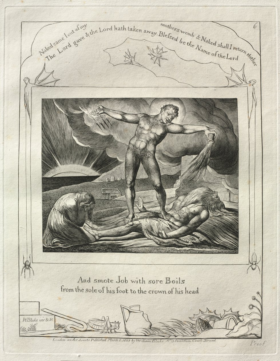 Das Buch Hiob: Pl. 6, Und schlug Hiob mit bösen Geschwüren von der Fußsohle bis zum Scheitel von William Blake