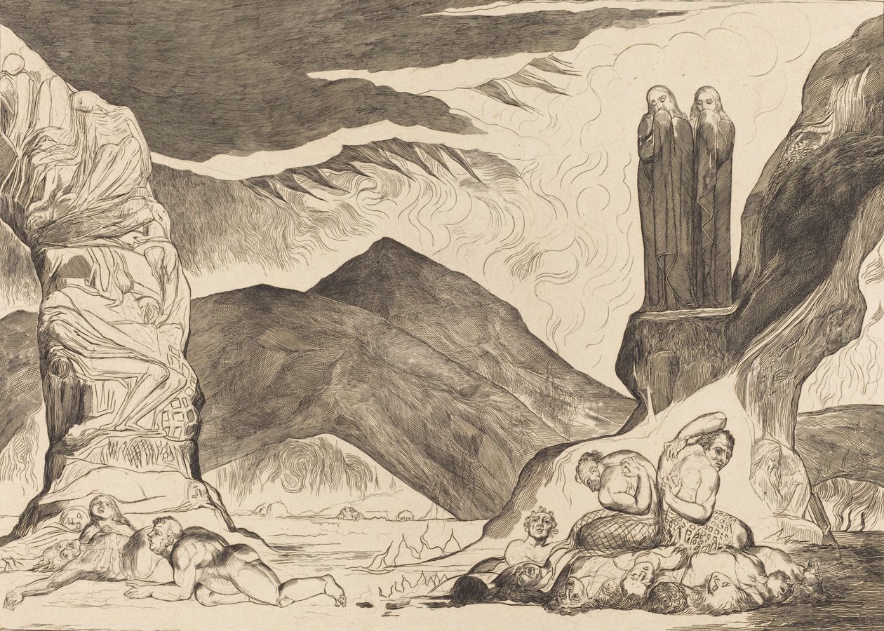 Der Kreis der Fälscher: Dante und Virgil halten sich die Nase wegen des Gestanks zu, 1827 von William Blake