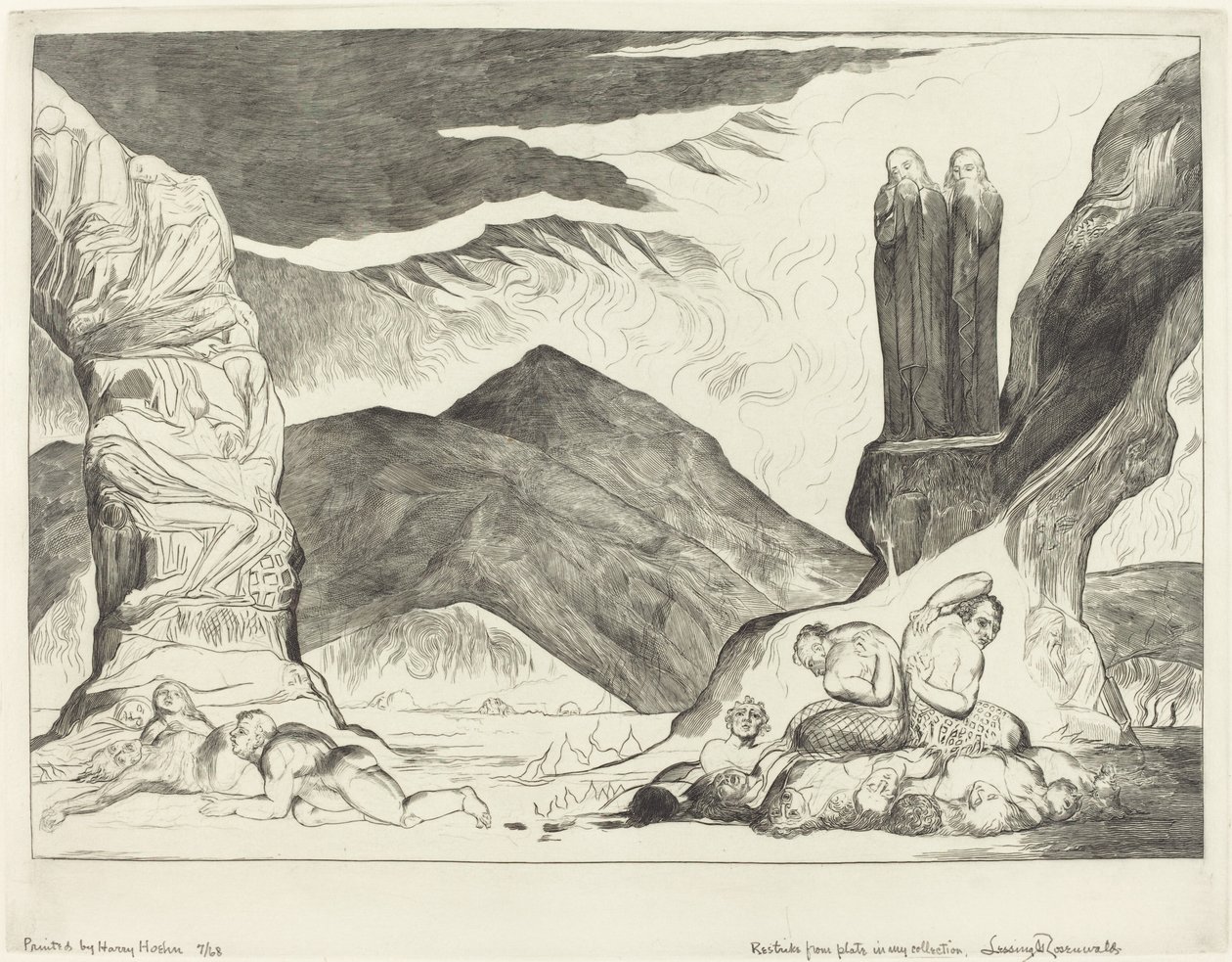 Der Kreis der Fälscher; Dante und Virgil halten sich wegen des Gestanks die Nasen zu von William Blake