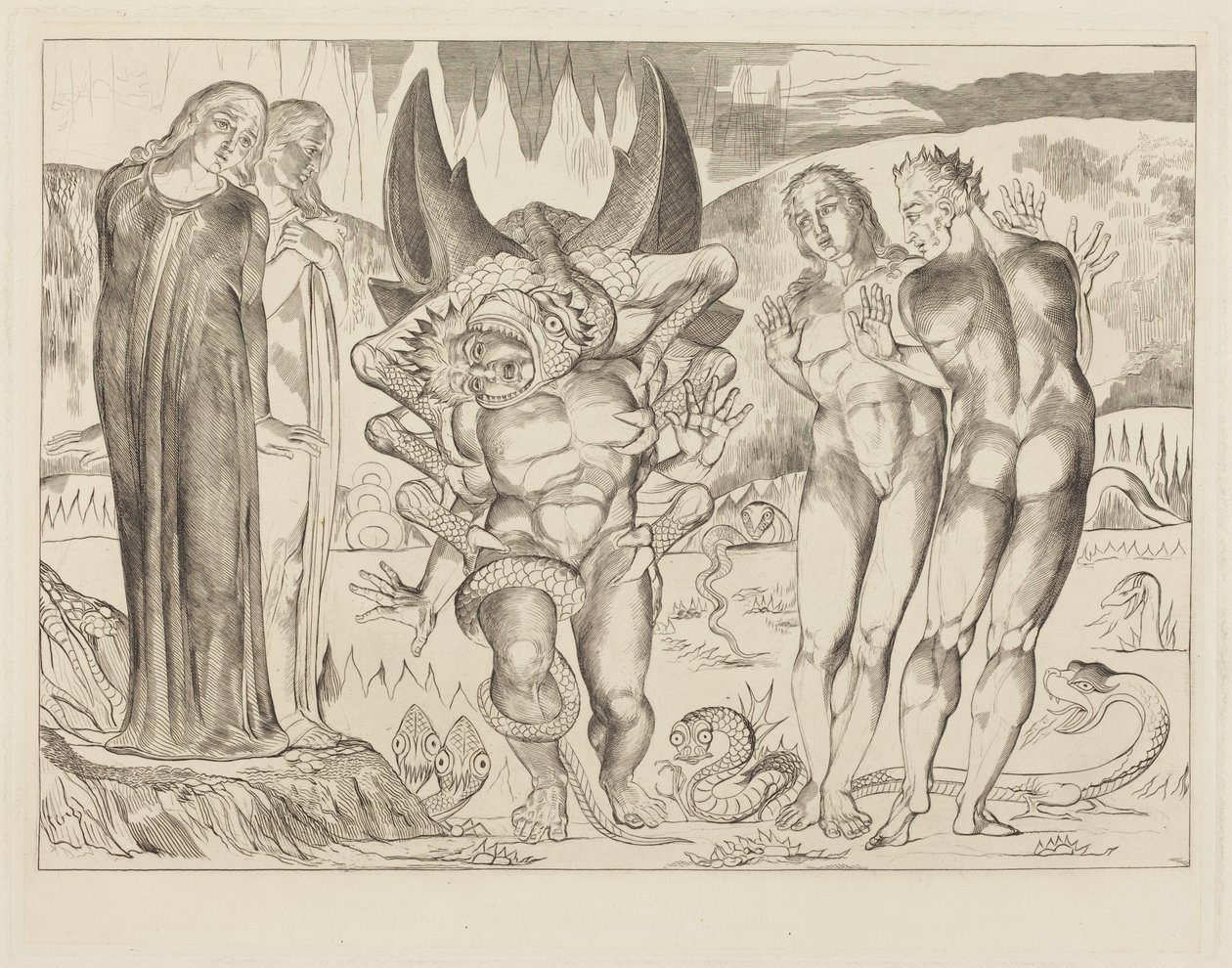 Der Kreis der Diebe; Agnolo Brunelleschi von einer sechsfüßigen Schlange angegriffen von William Blake