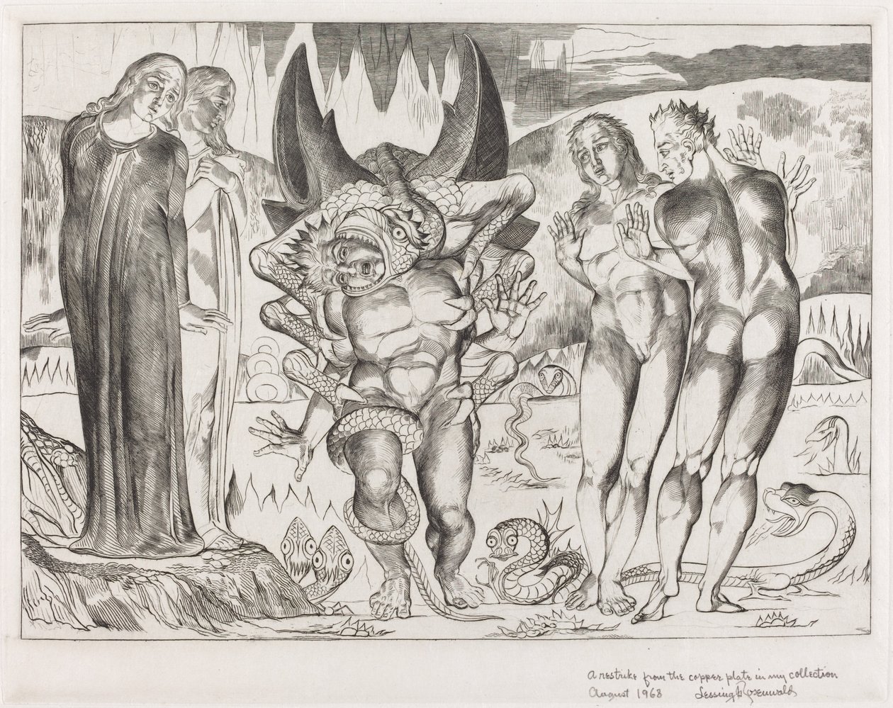 Der Kreis der Diebe, Agnolo Brunelleschi wird von einer sechsfüßigen Schlange angegriffen von William Blake