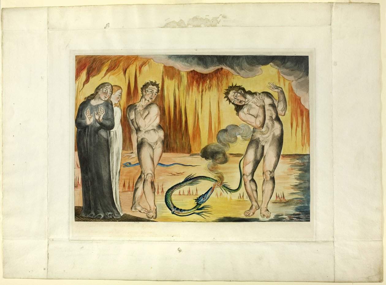 Der Kreis der Diebe; Buoso Donati wird von der Schlange angegriffen. Inferno, Gesang XXV von William Blake
