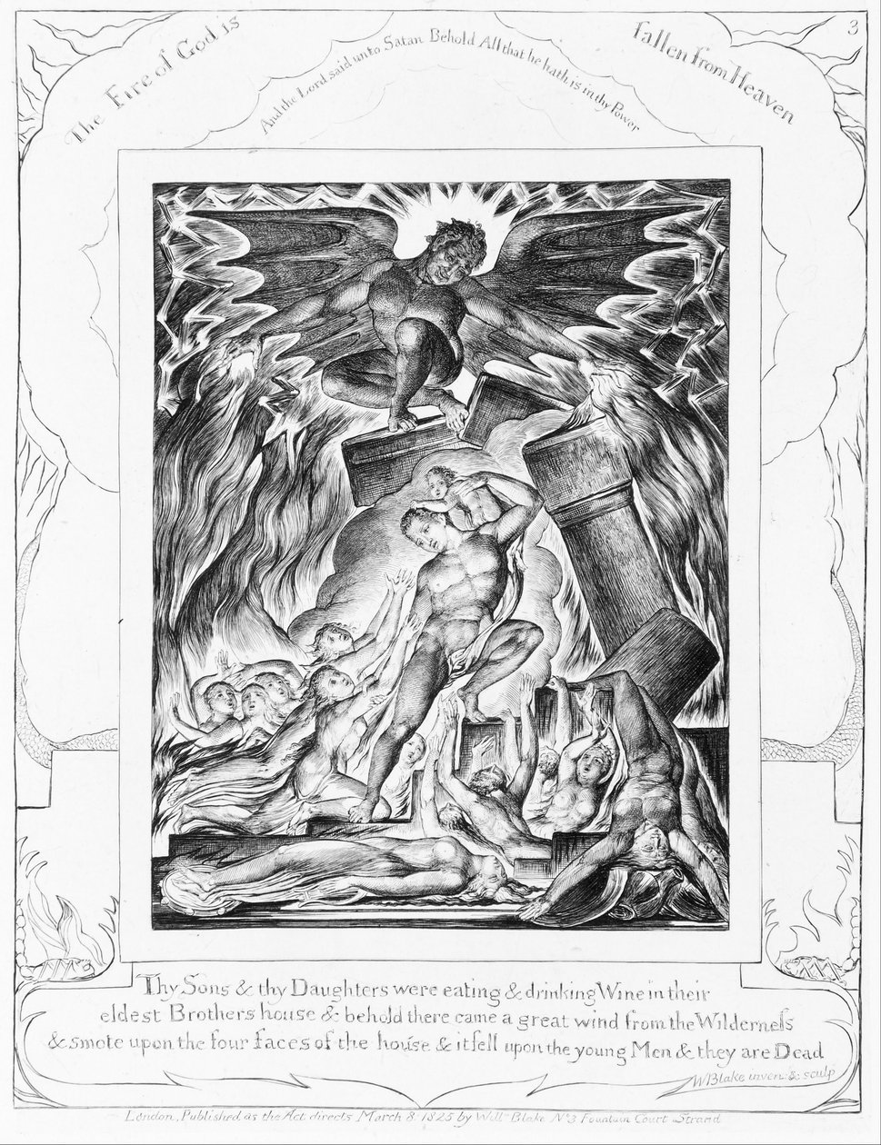 Die Vernichtung von Hiobs Söhnen, Tafel 3 aus „Illustrationen zum Buch Hiob“ von William Blake