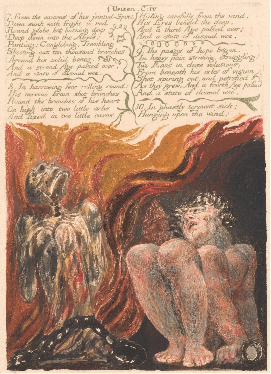 Das erste Buch Urizen, Tafel 10, 7. Aus den Höhlen seiner gegliederten Wirbelsäule... (Bentley 11) von William Blake