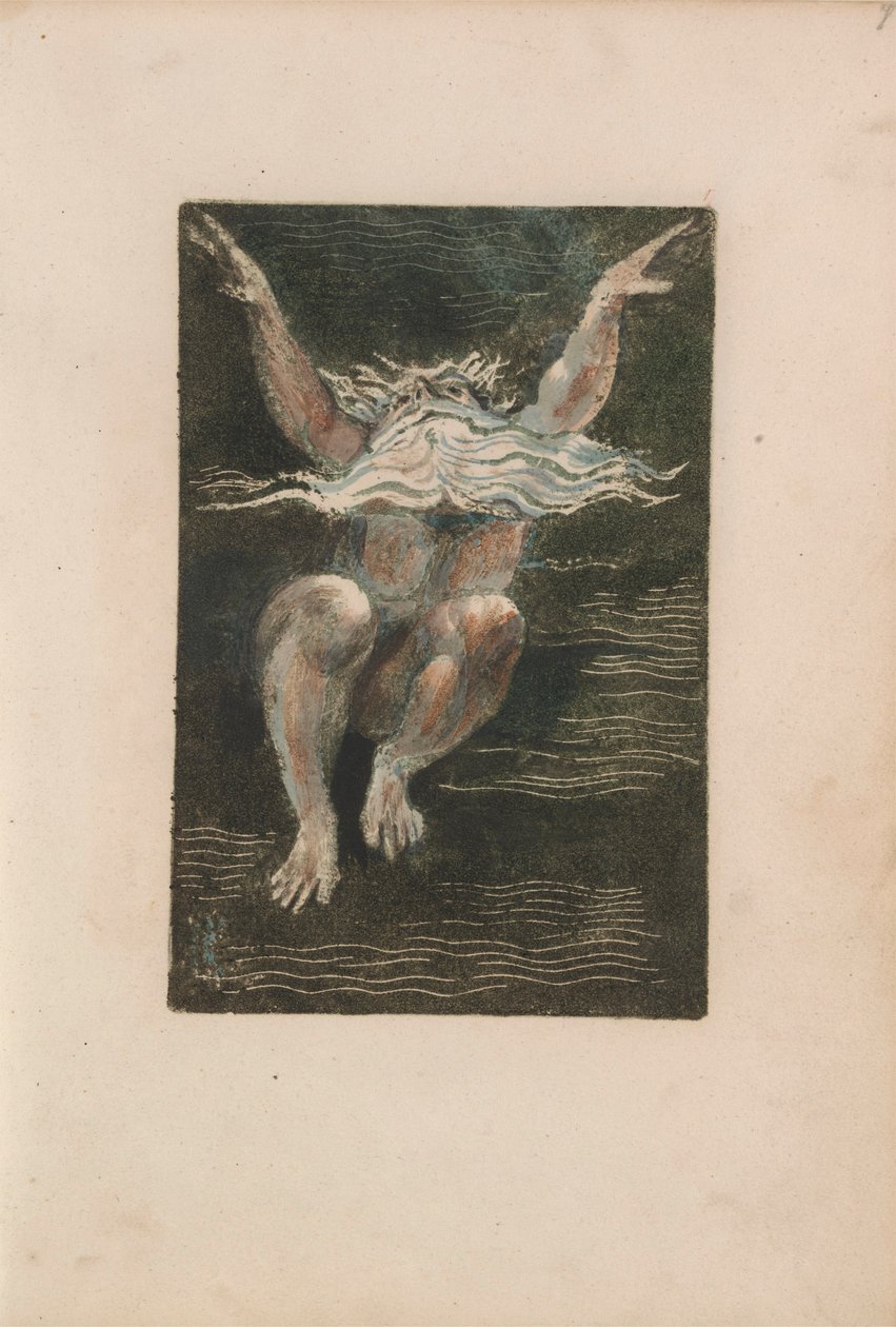 Das erste Buch Urizen, Tafel 7 (Ein nackter Mann mit einem schwebenden weißen Bart, der scheint, als würde er in tiefem Wasser aufsteigen) 1794 von William Blake