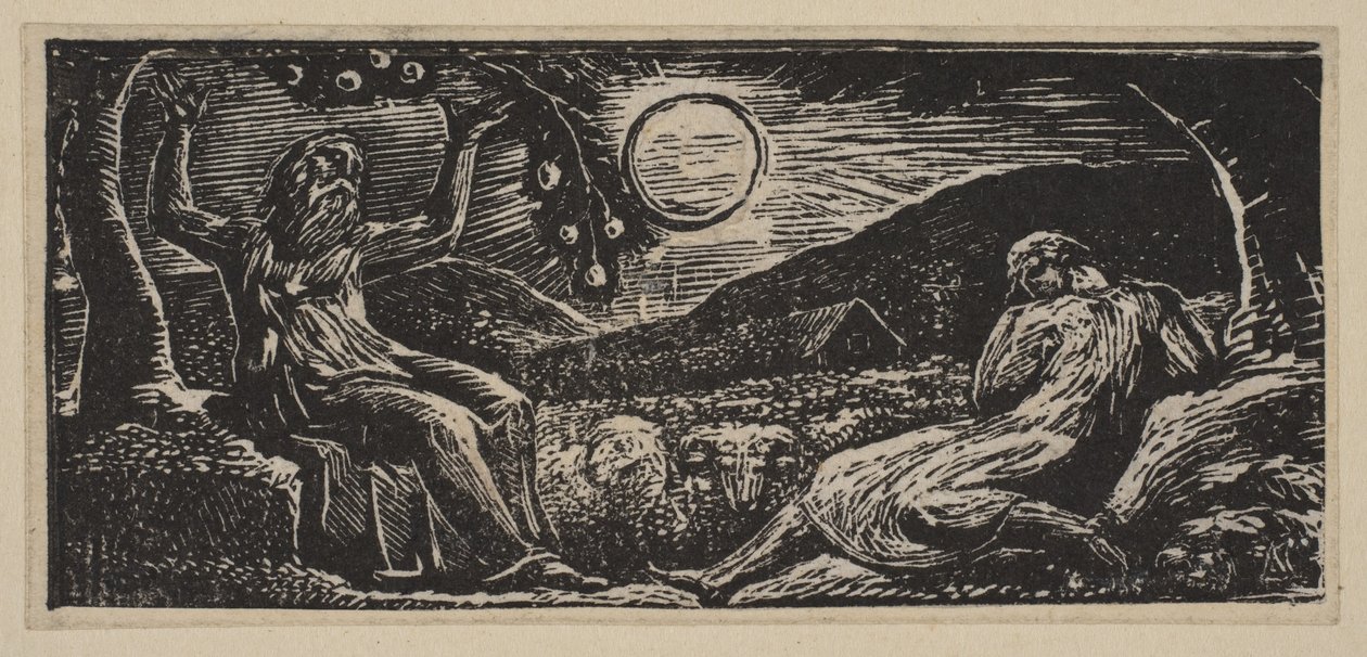 Thenot unter einem Obstbaum, aus Thorntons Pastoralen von Virgil, 1821 von William Blake