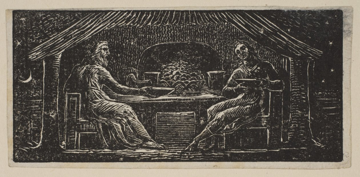 Thenot und Colinet essen ihr Abendessen, aus Thorntons Pastoralen von Virgil von William Blake