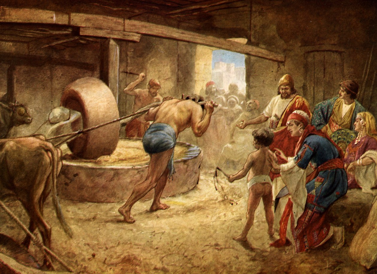 Samson mahlt im Gefängnis in Gaza - Bibel von William Brassey Hole