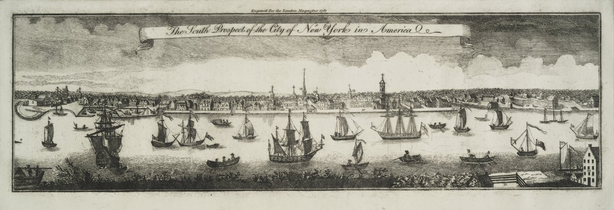 Die südliche Aussicht auf die Stadt New York, in Nordamerika, 1761 von William Burgis