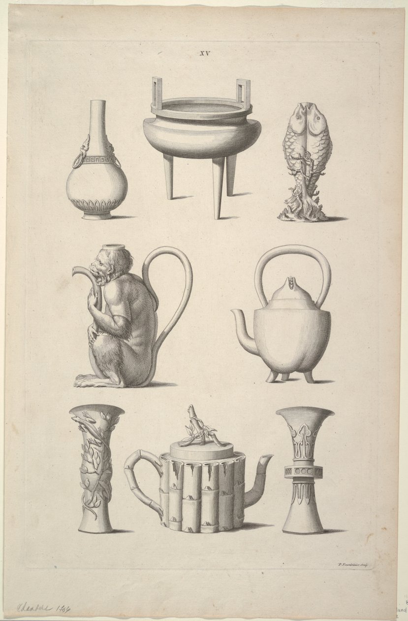 Entwürfe für Geschirr, Tafel XV von Entwürfe chinesischer Gebäude, Möbel, Kleider, Maschinen und Utensilien von William Chambers