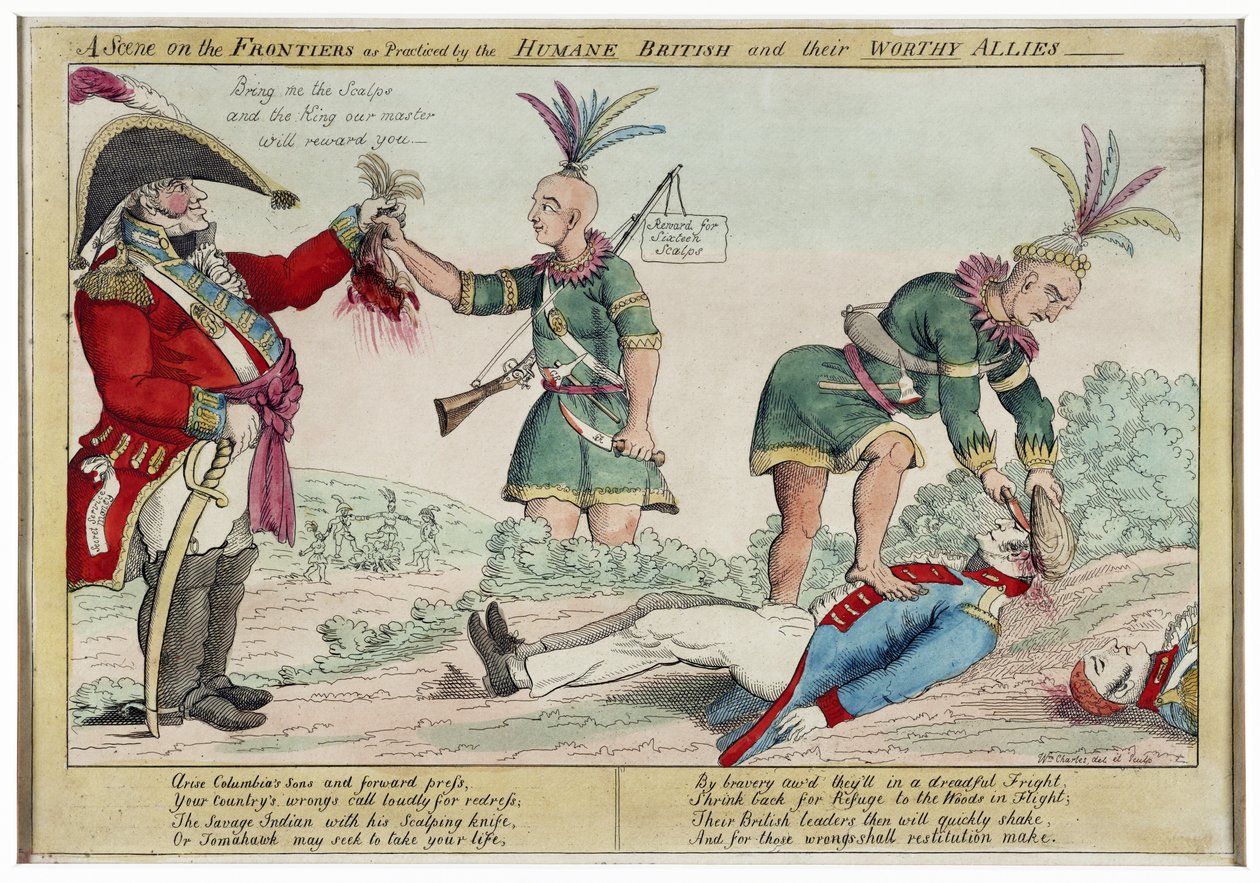 Eine Szene an den Grenzen, wie sie von den humanen Briten und ihren würdigen Verbündeten praktiziert wird, veröffentlicht 1812 von William Charles