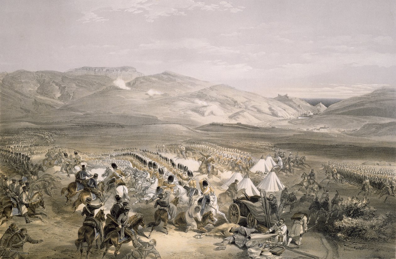 Angriff der schweren Kavalleriebrigade in der Schlacht von Balaklawa am 25. Oktober 1854, graviert von E. Walker, veröffentlicht 1855 von William Crimea Simpson