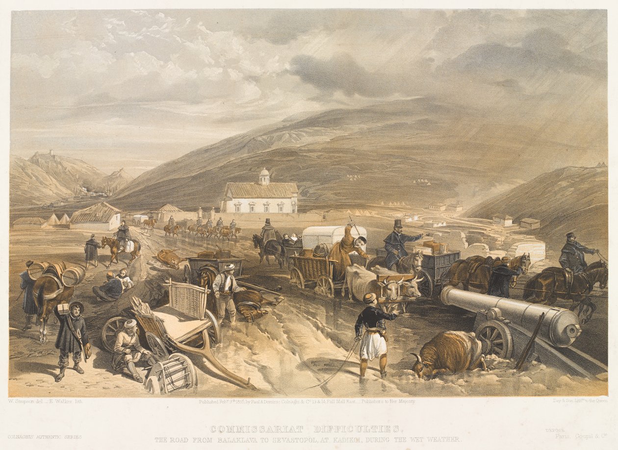 Versorgungsprobleme Die Straße von Balaklava nach Sewastopol, bei Kadikoi, während des nassen Wetters, um 1854 von William Crimea Simpson