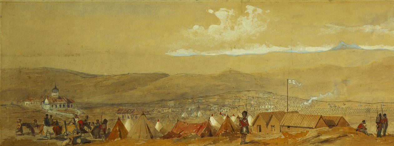 Die Krim: Panoramablick auf Sewastopol mit den Militärlagern und dem Hafen; und ein Panoramablick auf Inkerman mit einem Militärlager und Kavallerie bei Sonnenaufgang von William Crimea Simpson