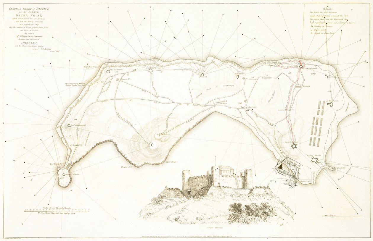 Allgemeine Verteidigungskarte für die Insel Banda Neira, frühes 19. Jahrhundert von William Daniell