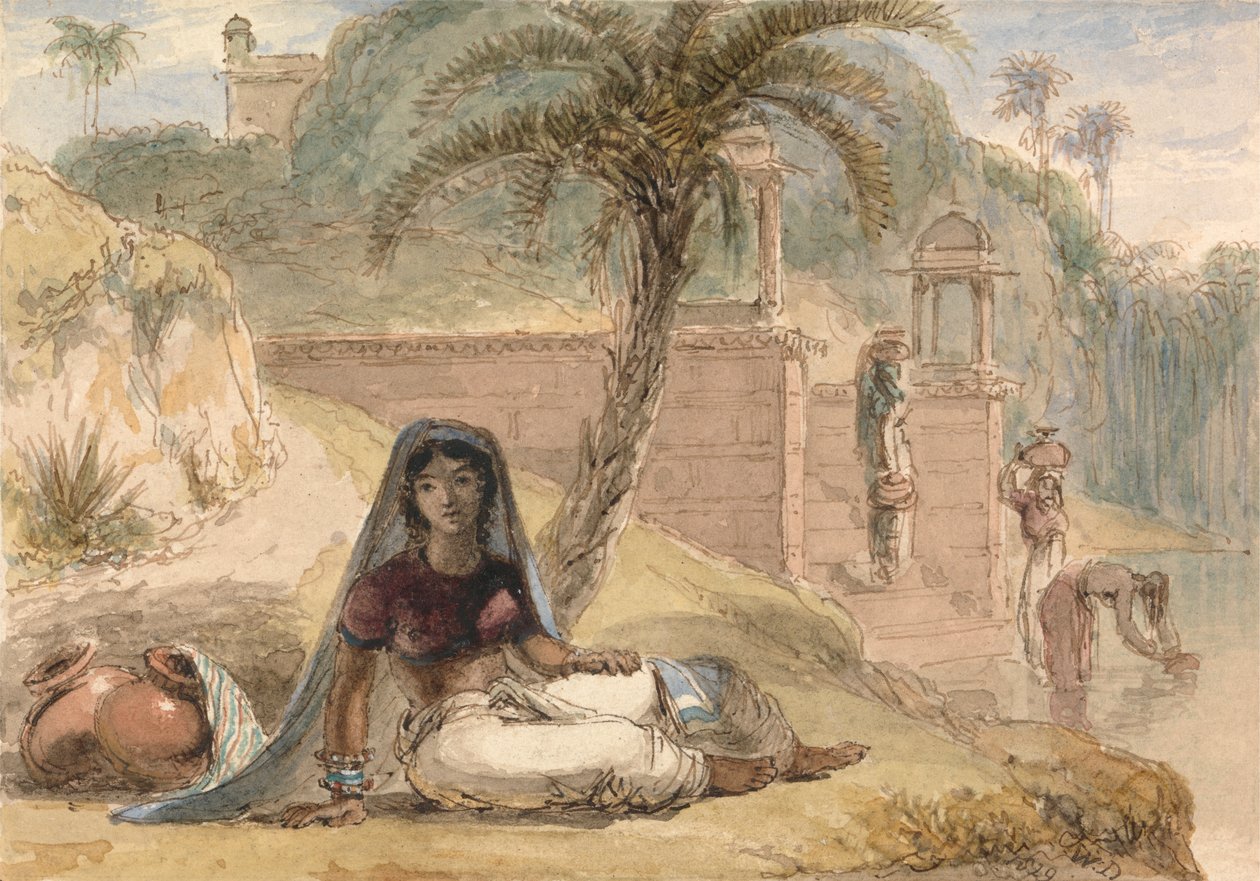 Indisches Mädchen am Flussufer von William Daniell