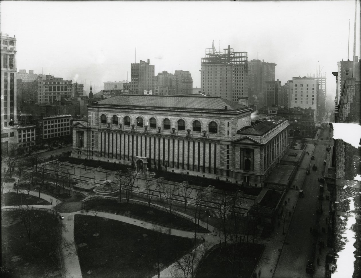 New York Public Library und Bryant Park, ca. 1910-21 von William Davis Hassler