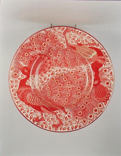 Ruby und Gold-Lustre-Ladung mit zwei Pfauen, gemalt von Charles Passenger von William de Morgan
