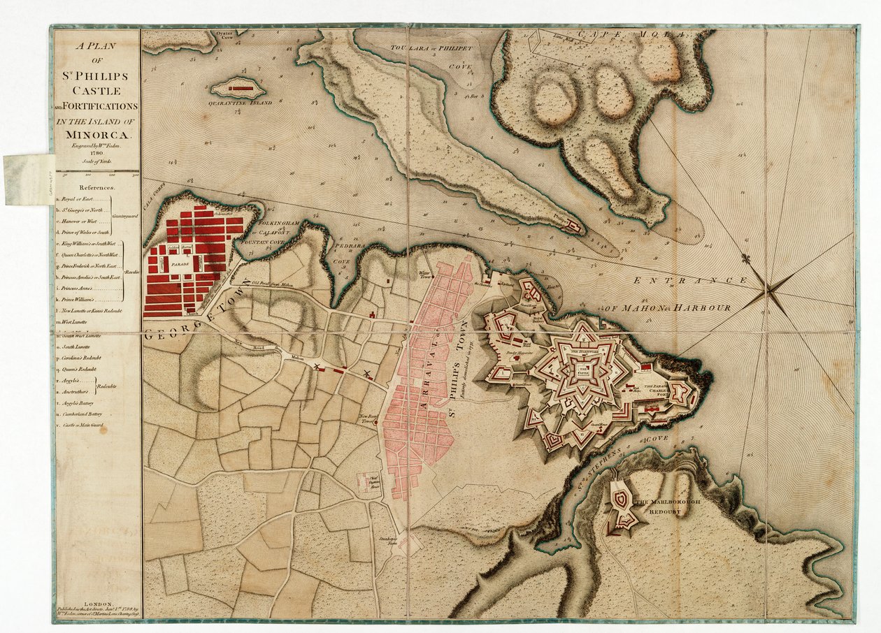 Ein Plan von St. Philips Castle und Befestigungen auf der Insel Menorca von William Faden