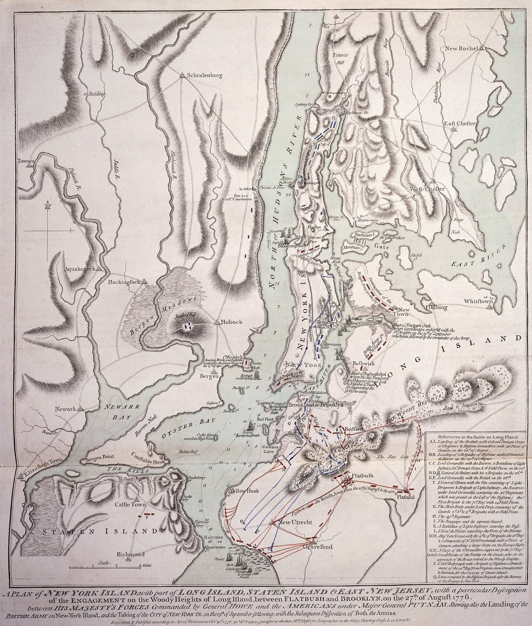 Plan der Insel New York mit einem Teil von Long Island, Staten Island und Ost-New Jersey und dem Gefecht auf den bewaldeten Höhen von Long Island zwischen den britischen Streitkräften unter dem Kommando von General Sir William Howe von William Faden