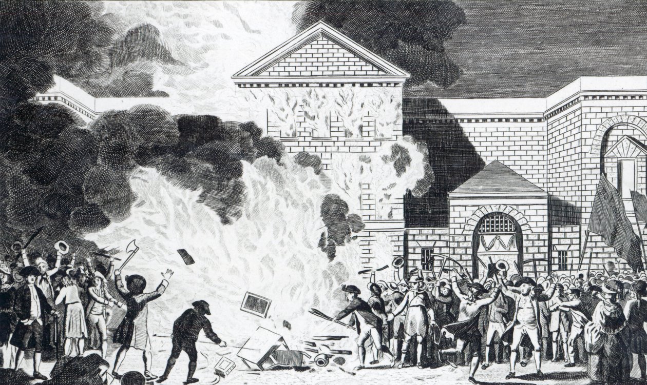 Die Verwüstungen durch die Aufständischen in London, die das neue Gefängnis von Newgate in Brand setzten und die Möbel von Mr. Akerman verbrannten, 6. Juni 1780, graviert von T. Thornton von William Hamilton