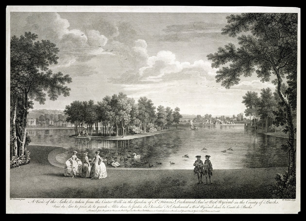 Blick auf den See vom Mittelweg im Garten von West Wycombe, Buckinghamshire, graviert von William Woollett (1735-85) von William Hannan